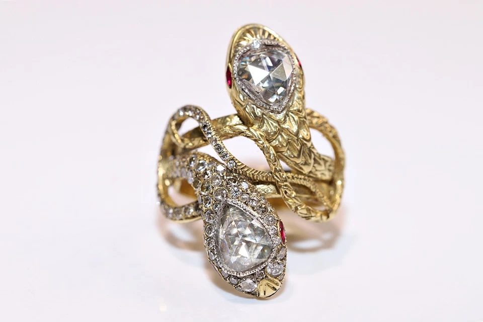 New Handmade 18k Gold Natural Diamond And Ruby Decorated Big Strong Snake Ring - Image 3 of 4