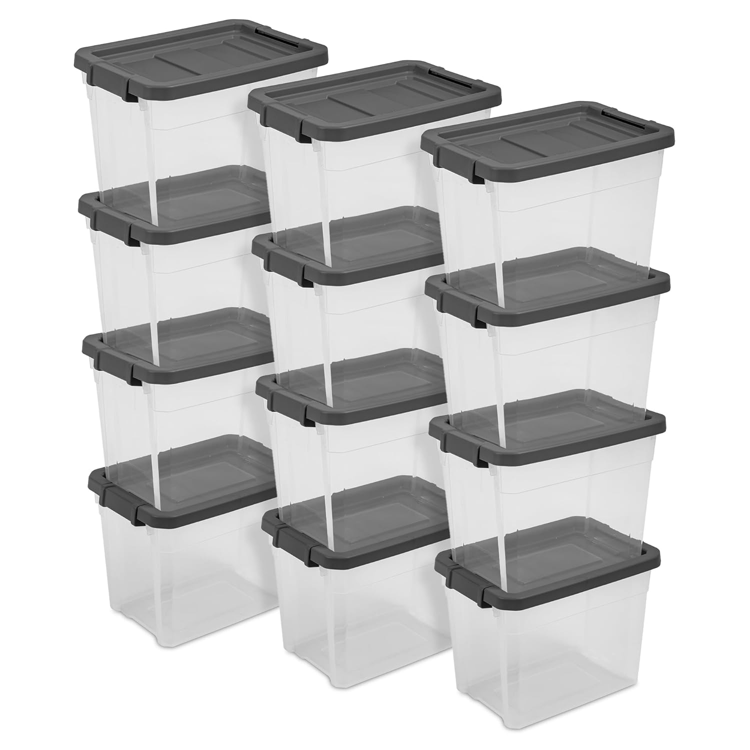 12-Pack Modular Stacker Box, Durable Clear Plastic Storage Bins with Latching Li