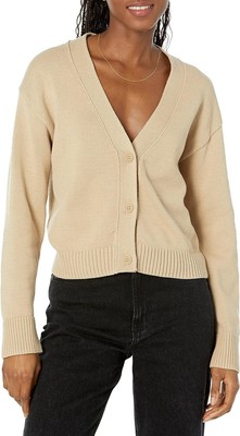 Amazon Essentials Damen Bequeme Passform V-Ausschnitt Gekürzt Strickjacke Tan S
