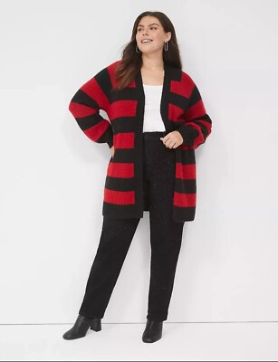Lane Bryant Womens Open Front Stripe Cardigan Red Black 22/24 No Buttons  Sweater
