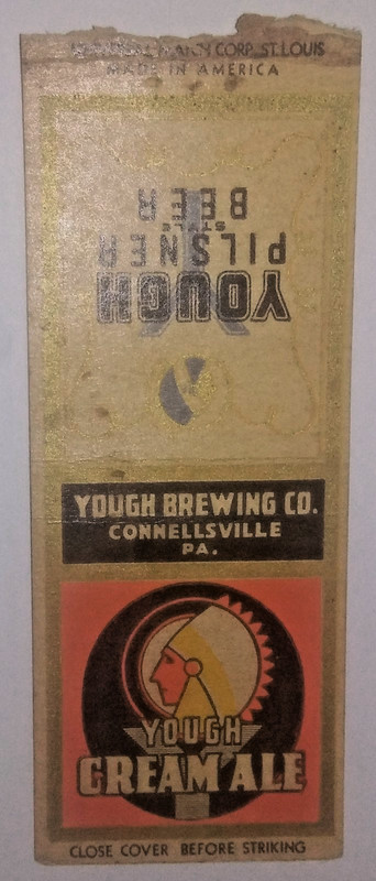 Yough Cream Ale beer Matchcover Connellville PA Indian Headdress Pic 1940s?