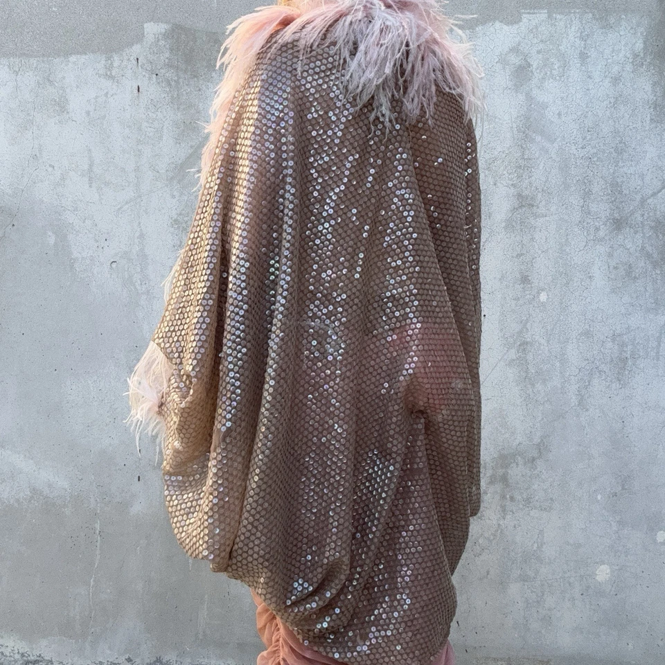Vintage 1950s Pink Organza Sequin Cocoon Coat Feather Showgirl  Dress Jacket - Image 4 of 4