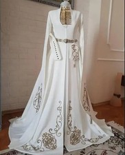 Caftan Wedding Dresses Gold Embroidery High Neck Muslim Long Sleeve Cape Gowns