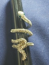 Coiled Silvertone Snake w/Green Stone Eyes Round Rhinestones Ring Sz 6 1/2