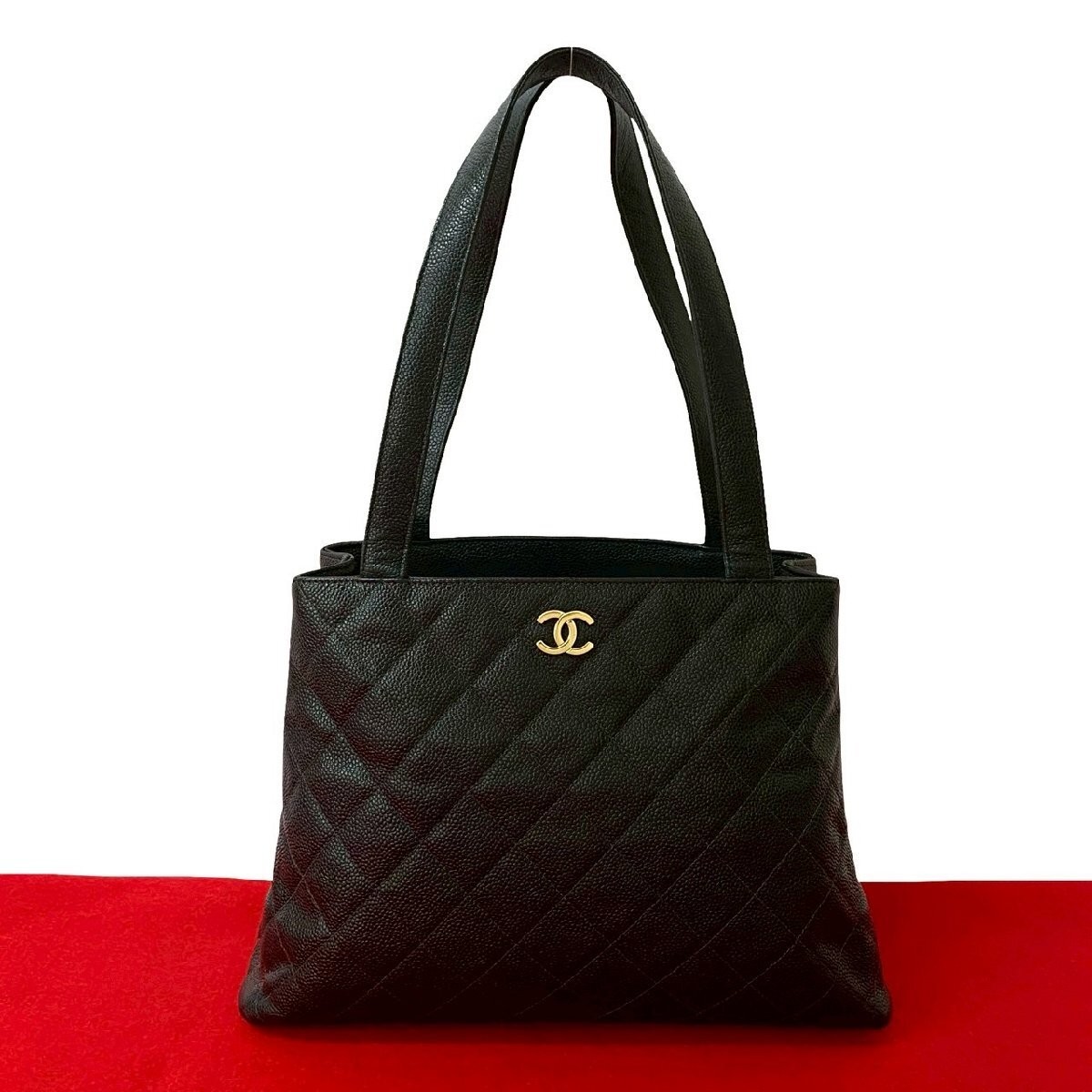 CHANEL Matelasse Coco Mark Matte Caviar Black Tote Bag 25391