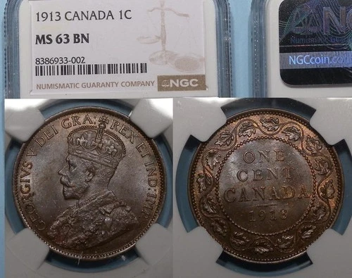 1913 CANADA CENT NGC MS 63 BN CANADA AUCTION COMP $66 #102-47