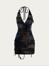 SHEIN Mesh Black Beige Tie Dye Halter Neck Mini Bodycon Dress Sleeveless