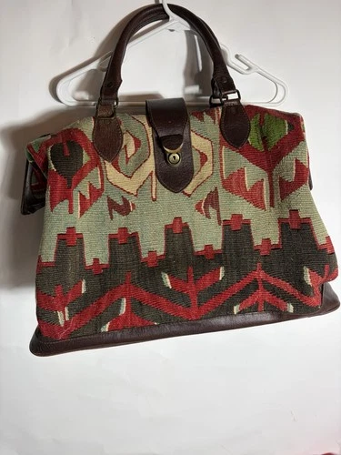 Vintage Doctor Bag Purse Multi Color Tapestry Leather Turkey Duffel Large Aztec