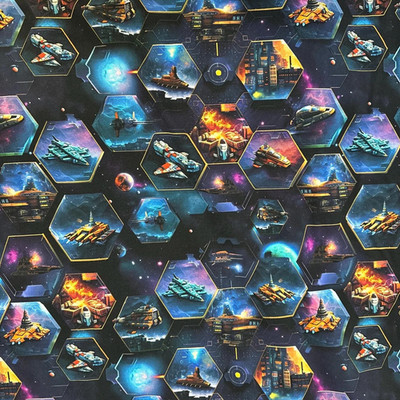 50 cm Jersey Stoff Space Raumschiffe Hexagon Weltall Digitaldruck XL Überbreite