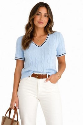 Tommy Hilfiger Women s Blue Cable-Knit V-Neck Short Sleeve Sweater L