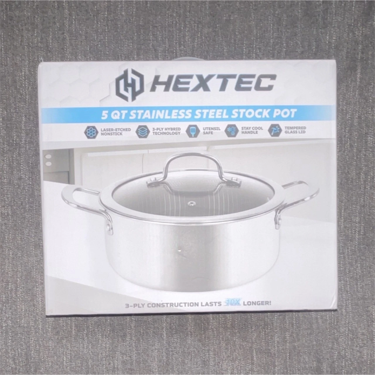 HEXTEC 5 Qt Stainless Steel Non-Stick Stockpot with Glass Lid, Induction Safe
