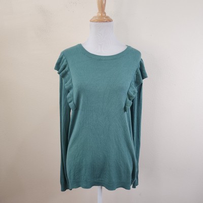ICHI Women's Green Ruffle Sweater Lightweight Size Medium