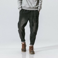 Men Harem Faded Denim Pants Jeans Loose Casual Trousers Tapered Cuff Drop Crotch
