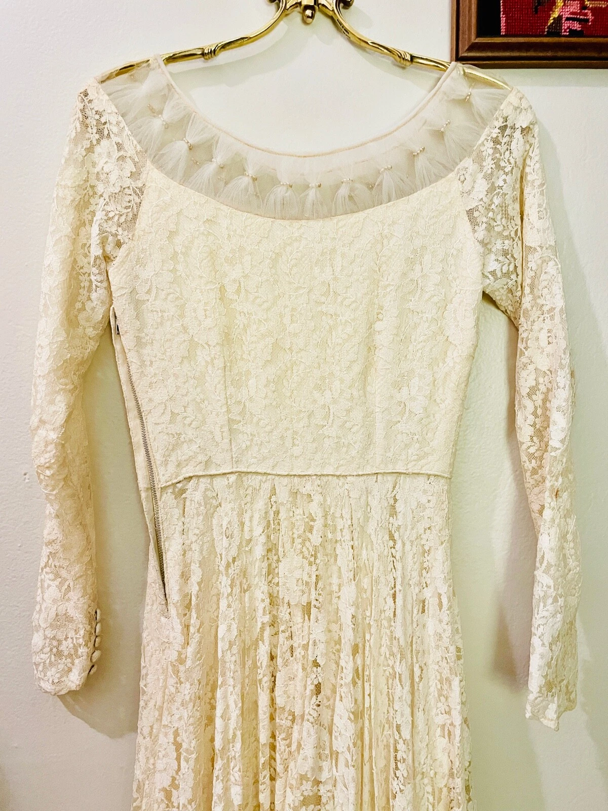 OFF WHITE Abito da sposa vintage anni 50 bianco sporco pizzo e tulle perle nuovo look gonna a cerchio *xxs xs