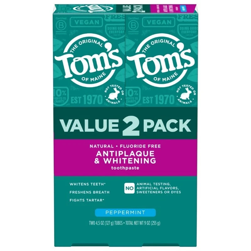 Tom’s of Maine Antiplaque and Whitening Fluoride Free Toothpaste, Peppermint, 2