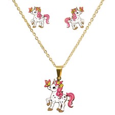 Colorful Unicorn with Butterfly Stars Goldtone Necklace and Earring Set,175-UC