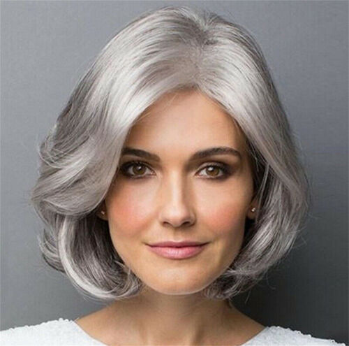 Intellectual Hair Natural Curly Synthetic Gray Wigs Silver Short Women Wig Wavy - Picture 1 of 11