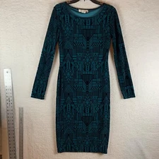 Sans Souci Women's Long Sleeve Teal Geometric Velvet Print Sheath Dress Size L