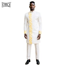 African Clothes for Men Slim Gold Embroidery Blazer and Pants Set Business Suit