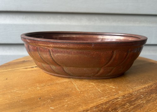 Vintage Red Coppery Drip Glazed Etched Lines Redware Pottery Planter Pot 9"
