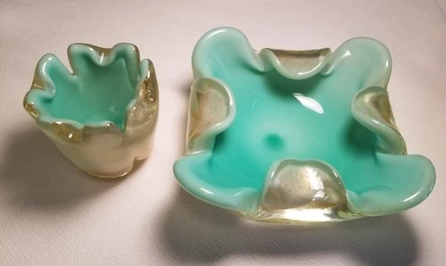 Vintage Murano Art Glass Seguso Vase & Dish Set Gold Leaf Aqua Green