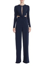 Halston Crew Neck Long Sleeve Keyhole Front Waist Cutout Solid Jersey Jumpsuit
