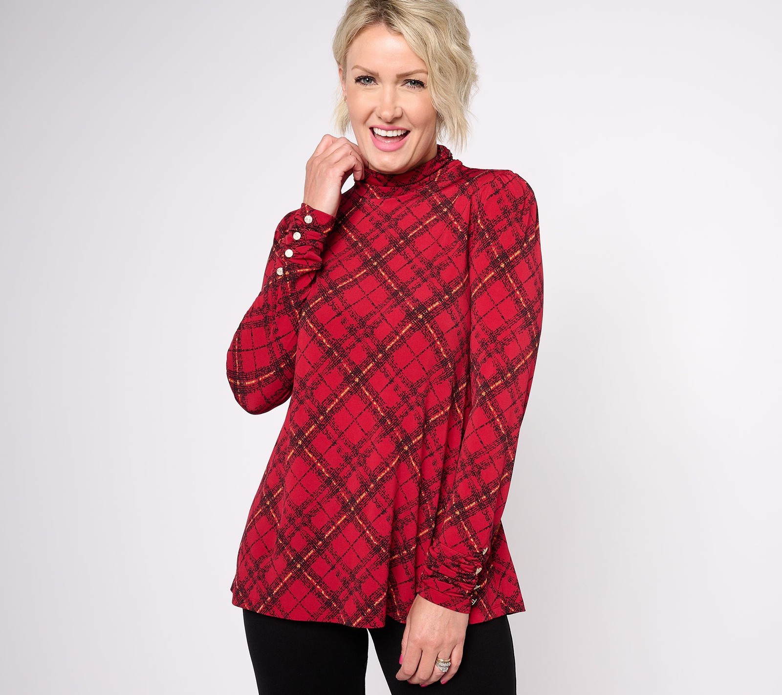 Susan Graver Women's Top Sz L Printed Liquid Knit Mock-Neck A-Line Red A618791