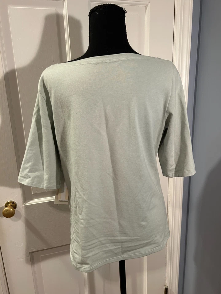 Jersey elástico de algodón Eileen Fisher cuello redondo, camisa verde niebla, mediana, nueva con etiquetas Foto 4 de 4