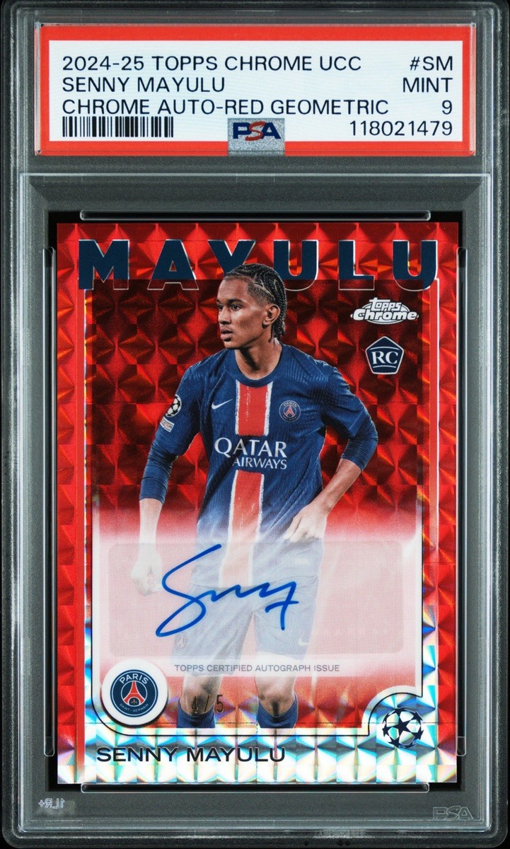 Senny Mayulu 2024-25 Topps Chrome UCC Red Geometric RC Auto /5 PSA