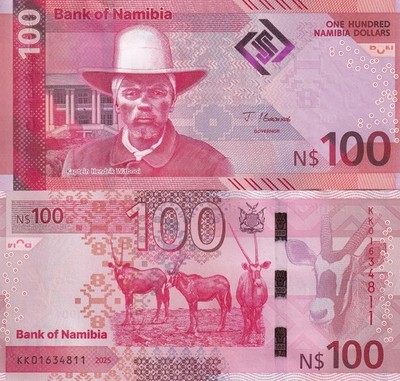 Namibia 100 Dollars 2025 P 23 NEW Design Oryx UNC