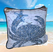 Coastal Collection Blue Crab Starfish Throw Pillow Bead Accents 12x12 - New