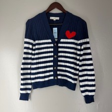 LOFT Petites Navy White Striped Heart Cardigan Sweater Small Petite NWT