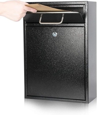 Locking Wall Mount Mailbox Security Lock Drop Box Black XL Steel Boxes
