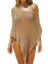 Women s Crochet Knit Mesh Shrug Cover Up, Batwing Sleeve Boho Poncho, Khaki