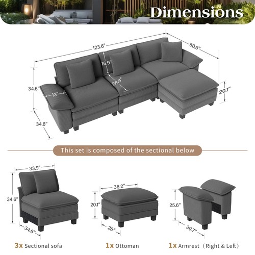 Modular Sectional Sofa Corduroy Cloud Couch with Chaise and Cushion 1/4/5/6-Seat - Picture 29 of 35