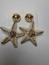 Beaded Starfish Statement Drop Earrings Faux Pearl Rhinestone Coastal Beach NWT