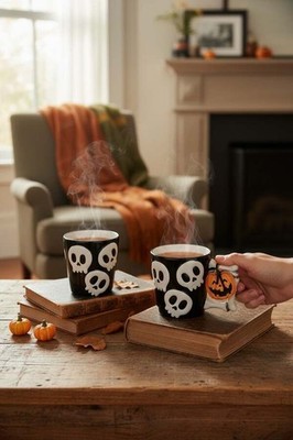 Blue Sky Clayworks Halloween Skull Heads & Bones Mugs Set of Two NWT