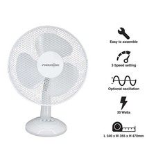 Powersonic 12 Inch 35W Air Cooling Oscillating Table Desk Fan Home 3 Speed