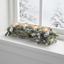 Christmas Candle Holder Bar Decoration Wood Pine Cones Silver Baubles Stars