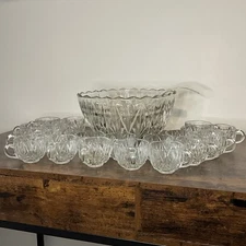 Vintage Hazel Atlas Williamsport Pressed Glass Square Punch Bowl Set 21 Cups