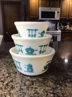 VTG Hazel Atlas Kitchen Aids Turquoise Scalloped Mixing Bowls SET 5" 6" 7" MINT