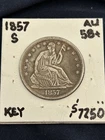 KEY AU++/UNC 1857-S Seated Liberty Half Dollar. Just a hint of wear.