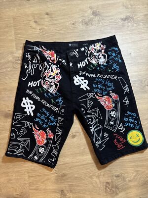 WAIMEA Distressed Skinny Fit Black Painted Graffiti MEN Shorts New WOT 36