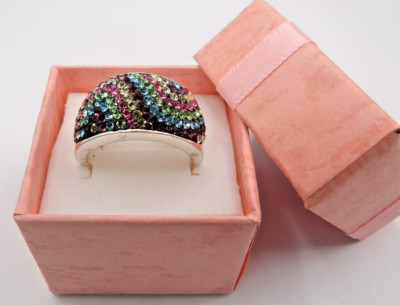 JCM Jacmel Mauritius Rainbow Rhinestones Silver Plated Brass Ring Size 8