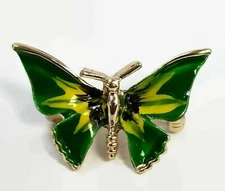 Small Butterfly Brooch Silver Tone Green and Yellow