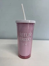 Feelin Frisky Plastic Travel 20oz Beverage Double Walled Cat Theme Pink Cup stra