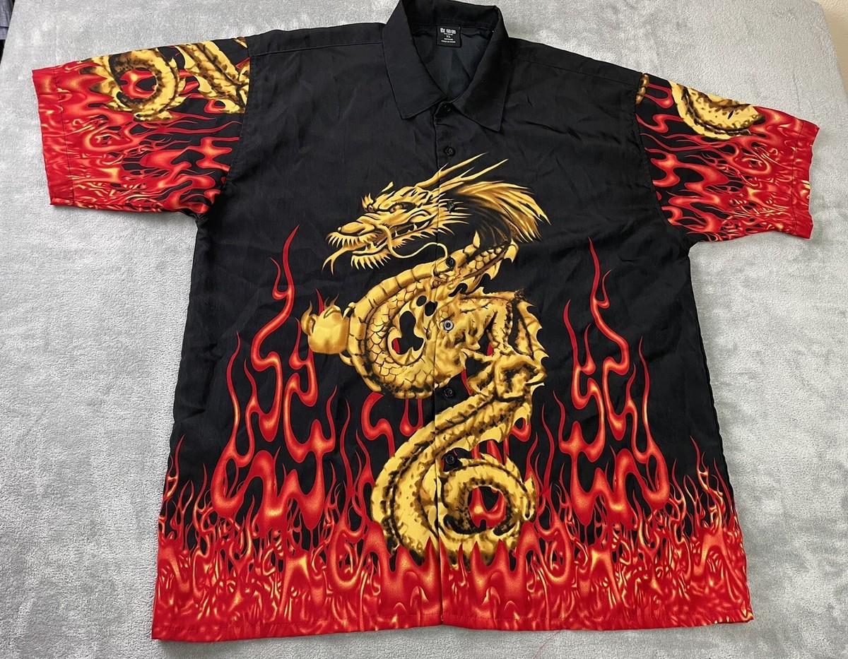 KNU Gear Button Up Shirt Japanese Dragon Flames Mens XL Black