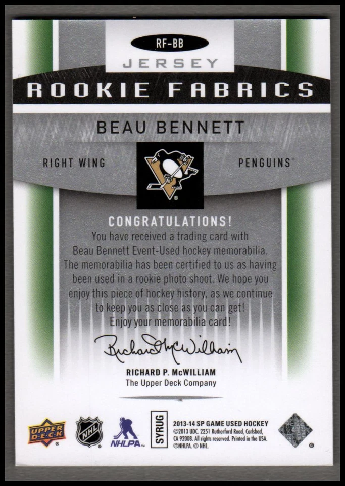 2013-14 SP Game Used Rookie Fabrics #RFBB Beau Bennett Jersey - NM-MT - Image 2 of 2