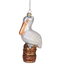 HAND BLOWN GLASS PELICAN BIRD NAUTICAL COASTAL CHRISTMAS ORNAMENT