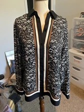 Talbots Polyester Button Front Size 10 career blouse mock lace, long sleeve